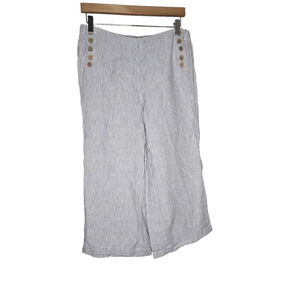 J.Jill Love Linen Petite S Wide Leg Cropped Pants Blue White Stripe Button Front - Picture 1 of 9